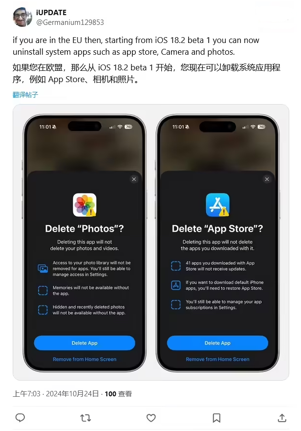 峨蔓镇苹果手机维修分享iOS 18.2 支持删除 App Store 应用商店 