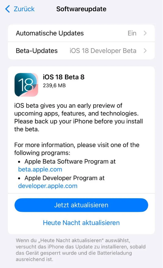 峨蔓镇苹果手机维修分享苹果 iOS / iPadOS 18 开发者预览版 Beta 8 发布 